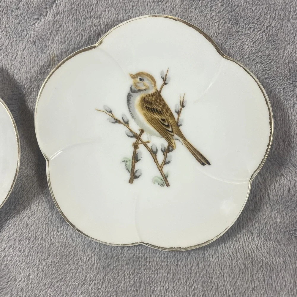 2 Vintage Scalloped Plates Birds Gold Rims Hand Painted In Japan Trinket Dishes‎